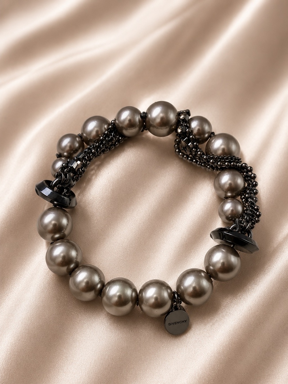 Givenchy Gunmetal Gray Pearl Stretch Bracelet Black Chain Statement Bracelet - Picture 6 of 6